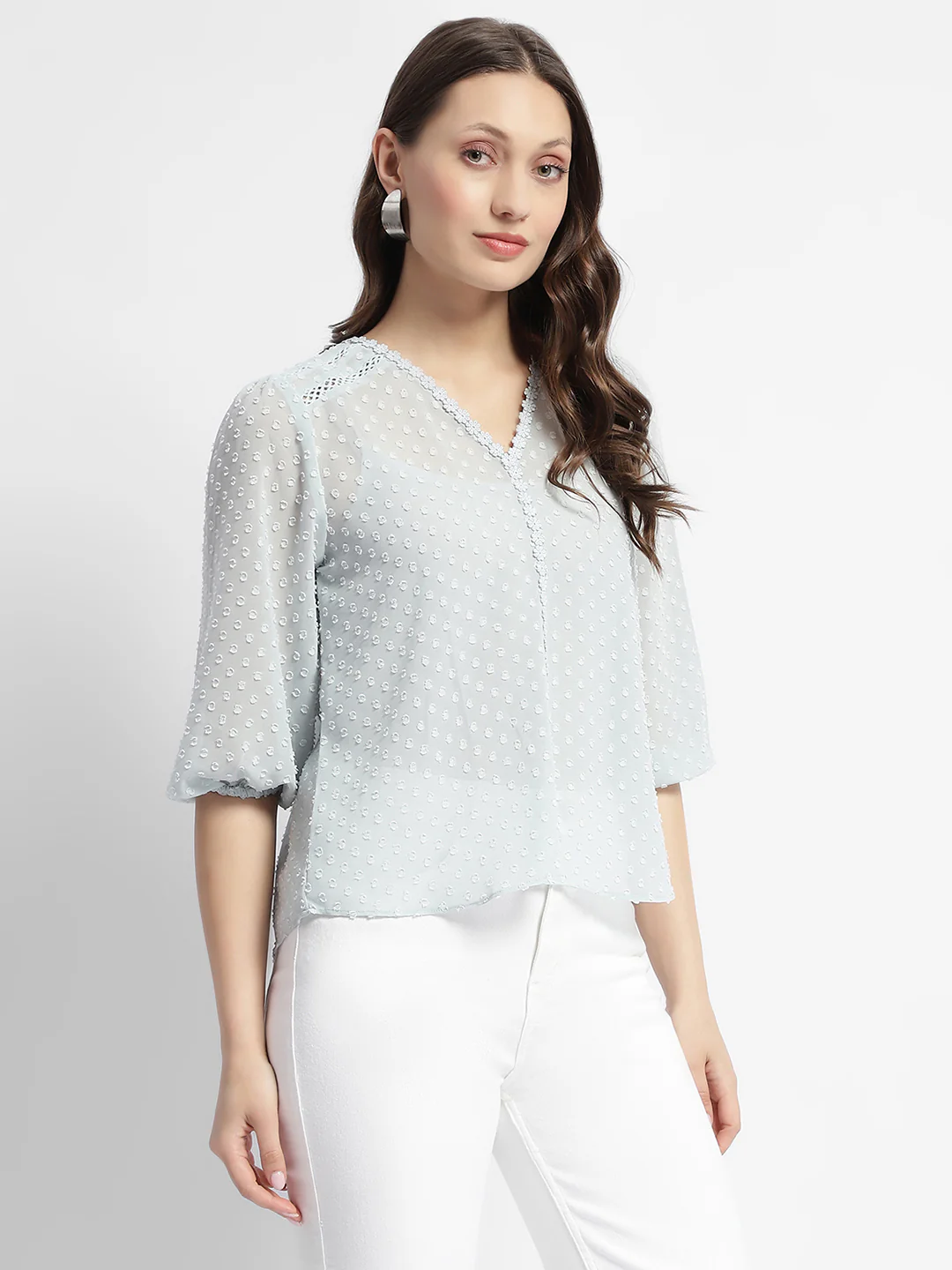 Madame Puffed Sleeve Dobby Sky Blue Top - Image 3