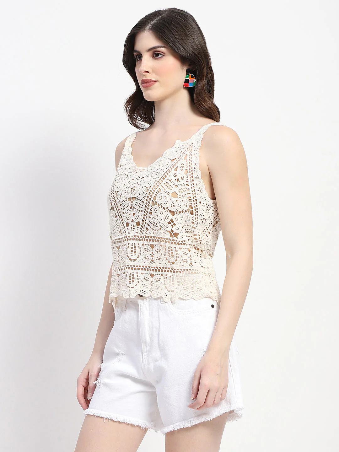 Madame Lace Detailed White Cotton Cami Crop Top - Image 5