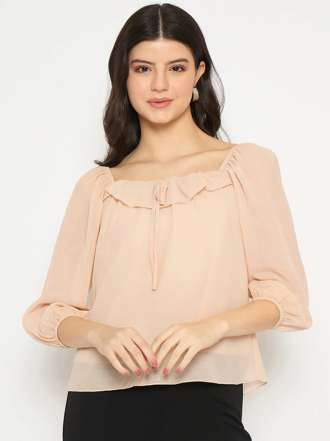 Madame Ruffle Detailed Square Neck Beige Top - Image 3