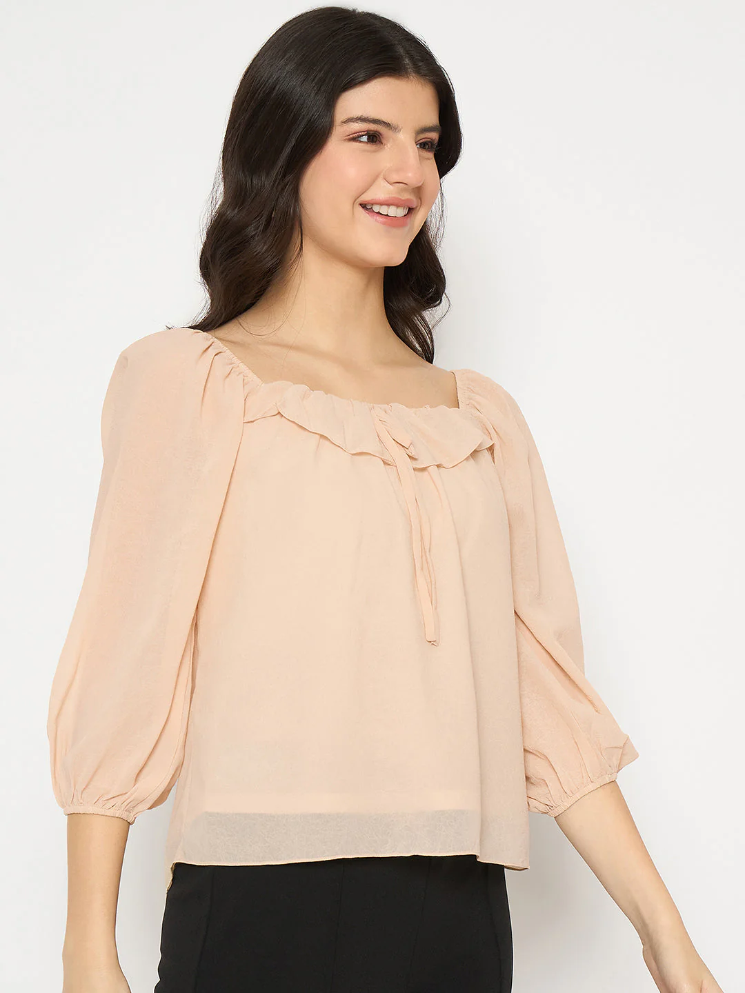Madame Ruffle Detailed Square Neck Beige Top - Image 4