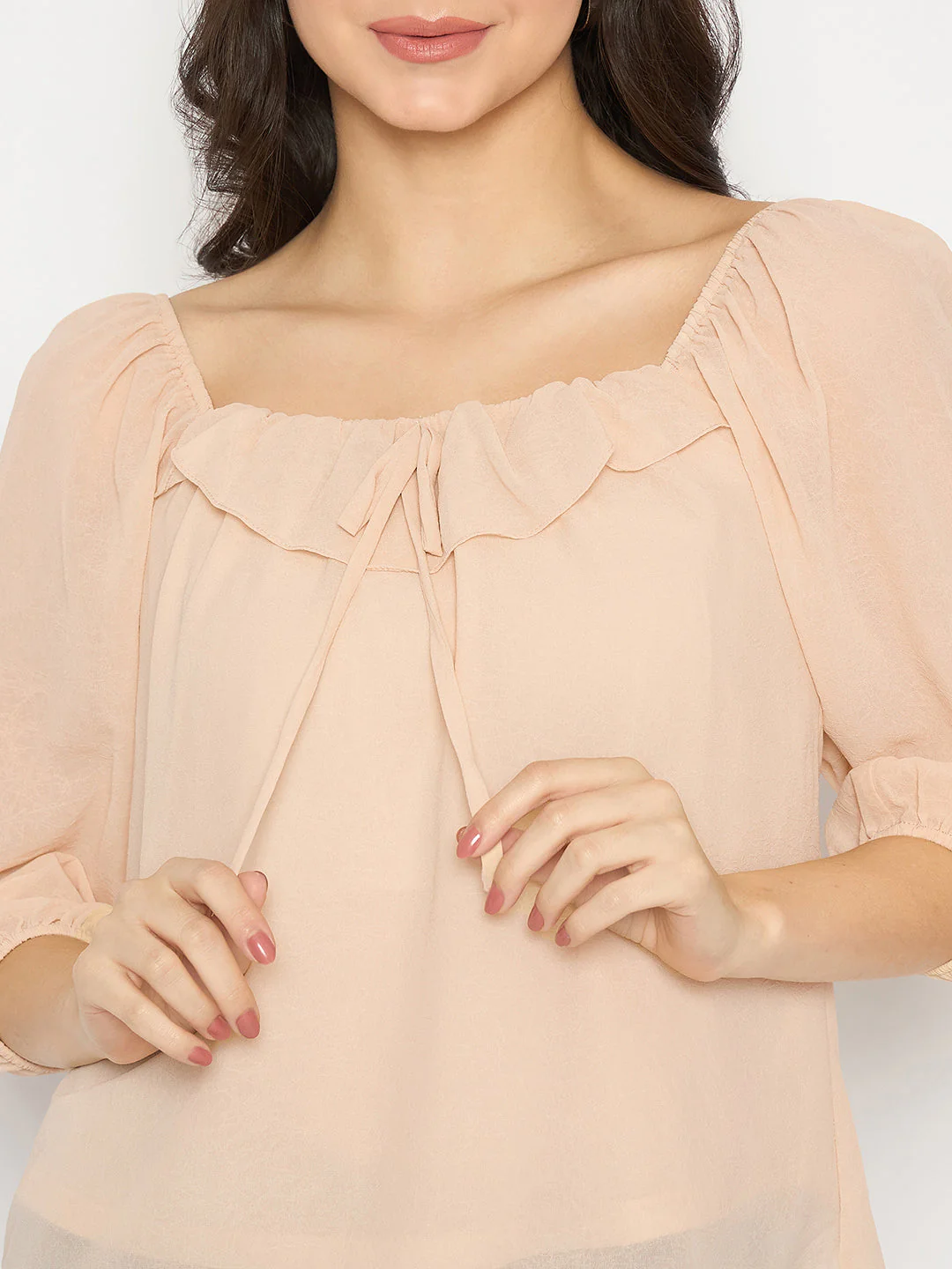 Madame Ruffle Detailed Square Neck Beige Top - Image 7