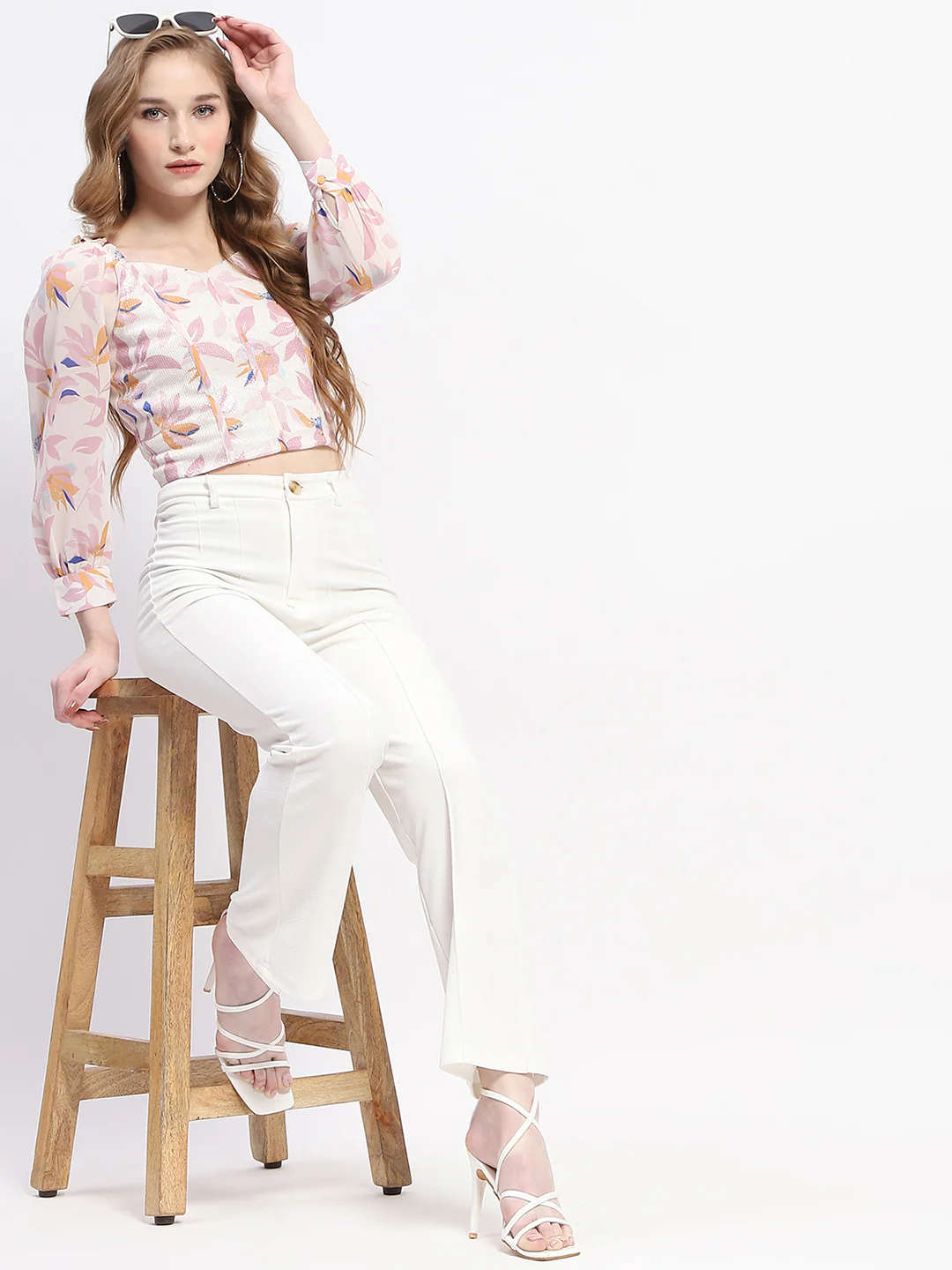 Madame Off White Floral Print Crop Top - Image 2