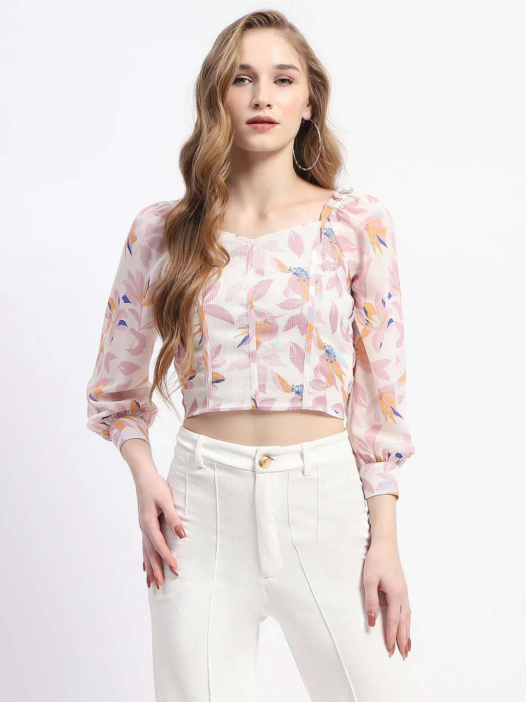 Madame Off White Floral Print Crop Top - Image 3