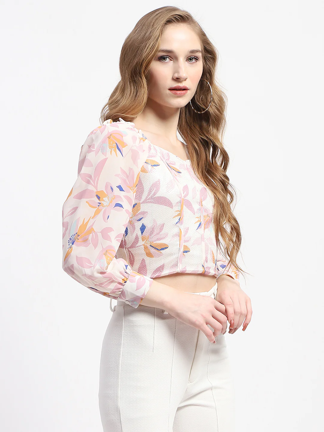 Madame Off White Floral Print Crop Top - Image 4