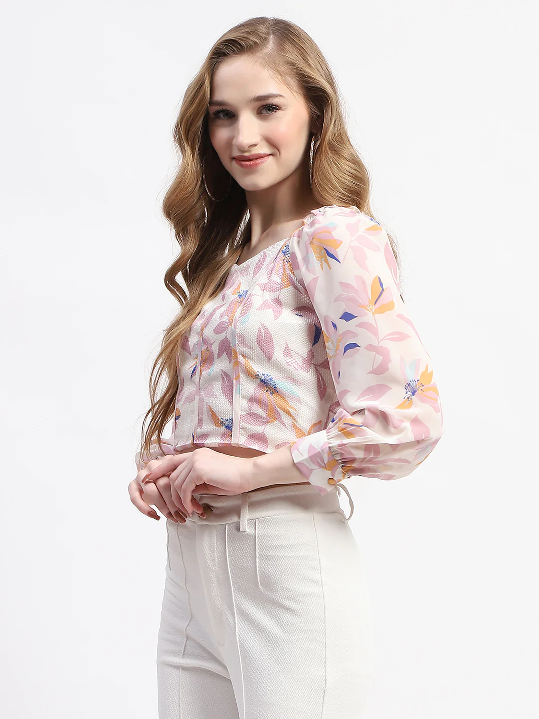 Madame Off White Floral Print Crop Top - Image 5
