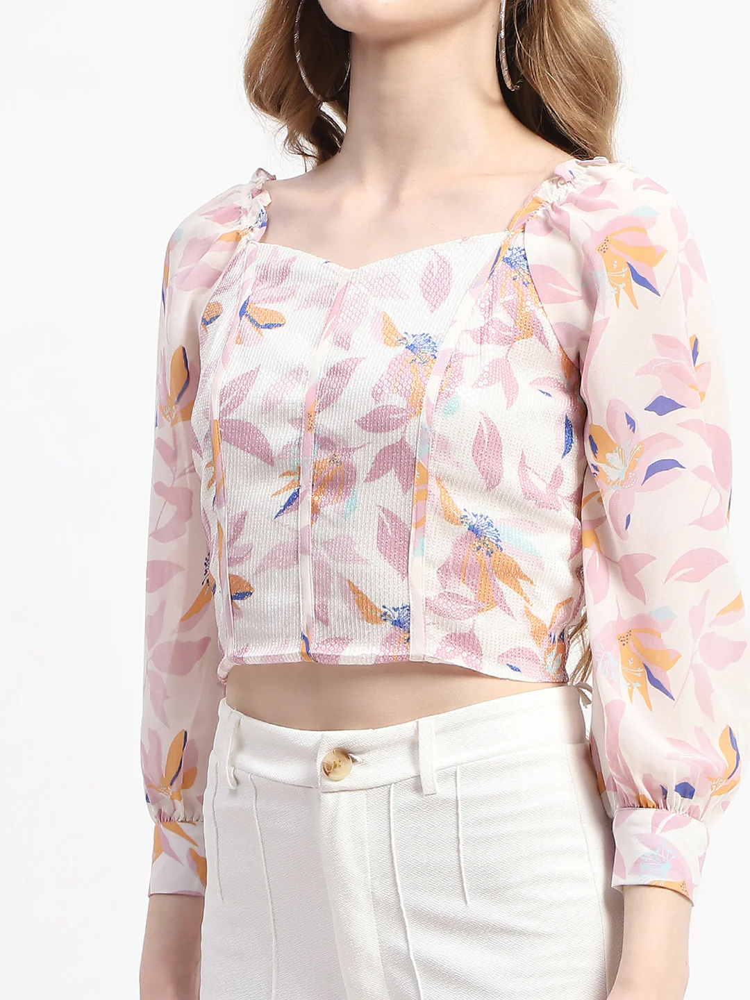 Madame Off White Floral Print Crop Top - Image 7