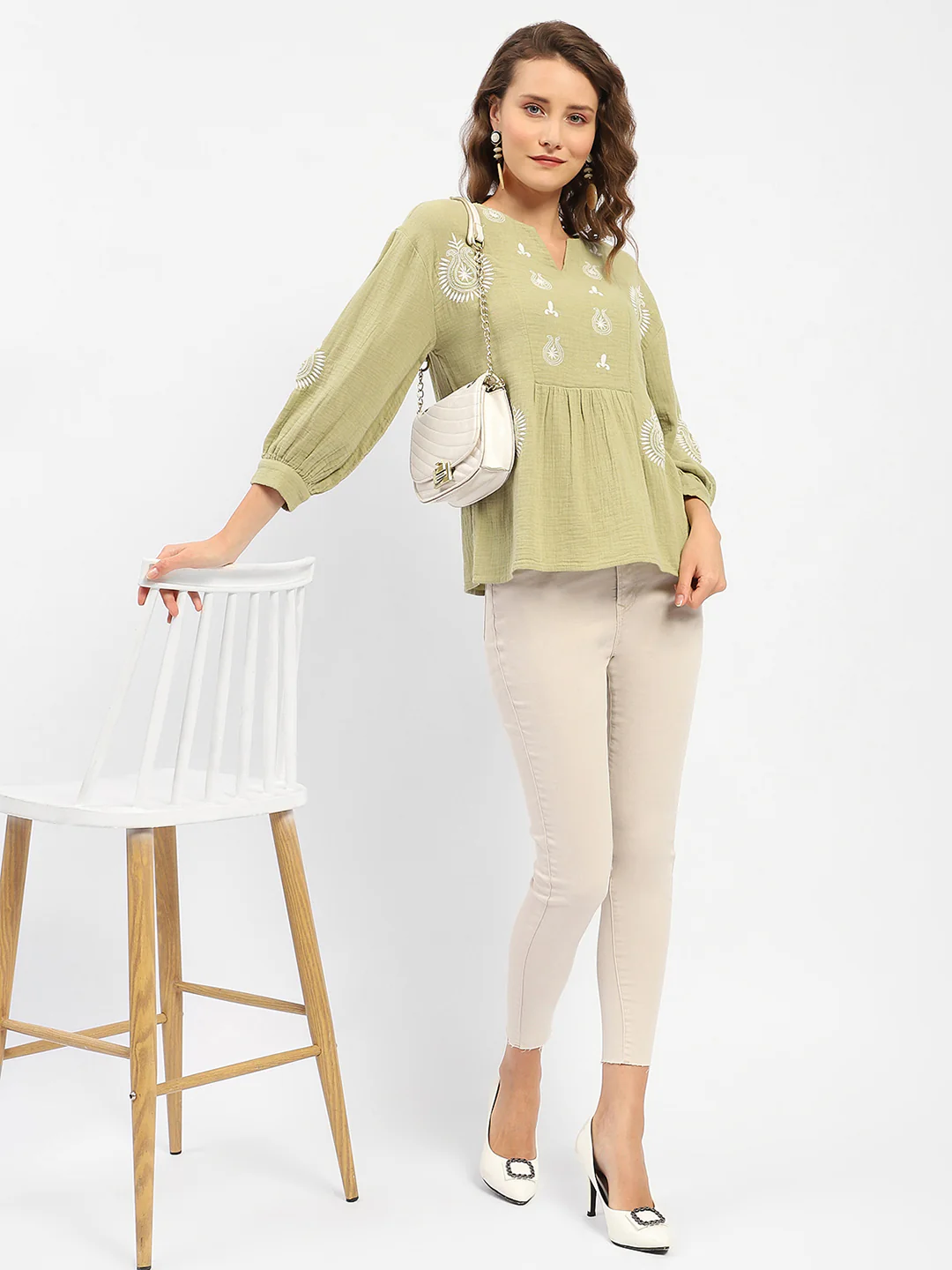 Madame Balloon Sleeve Green Chikankari Work Top - Image 2