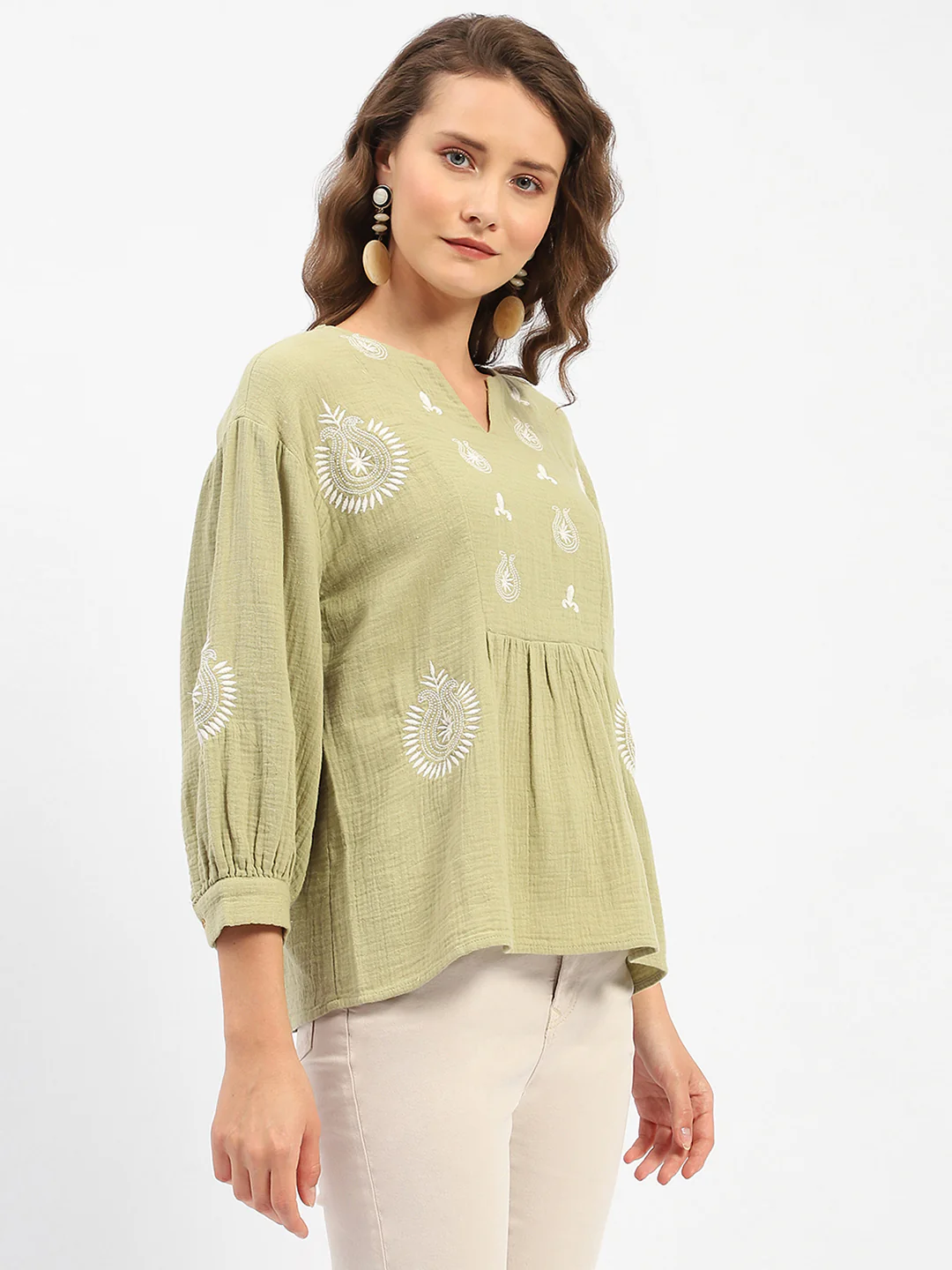 Madame Balloon Sleeve Green Chikankari Work Top - Image 3