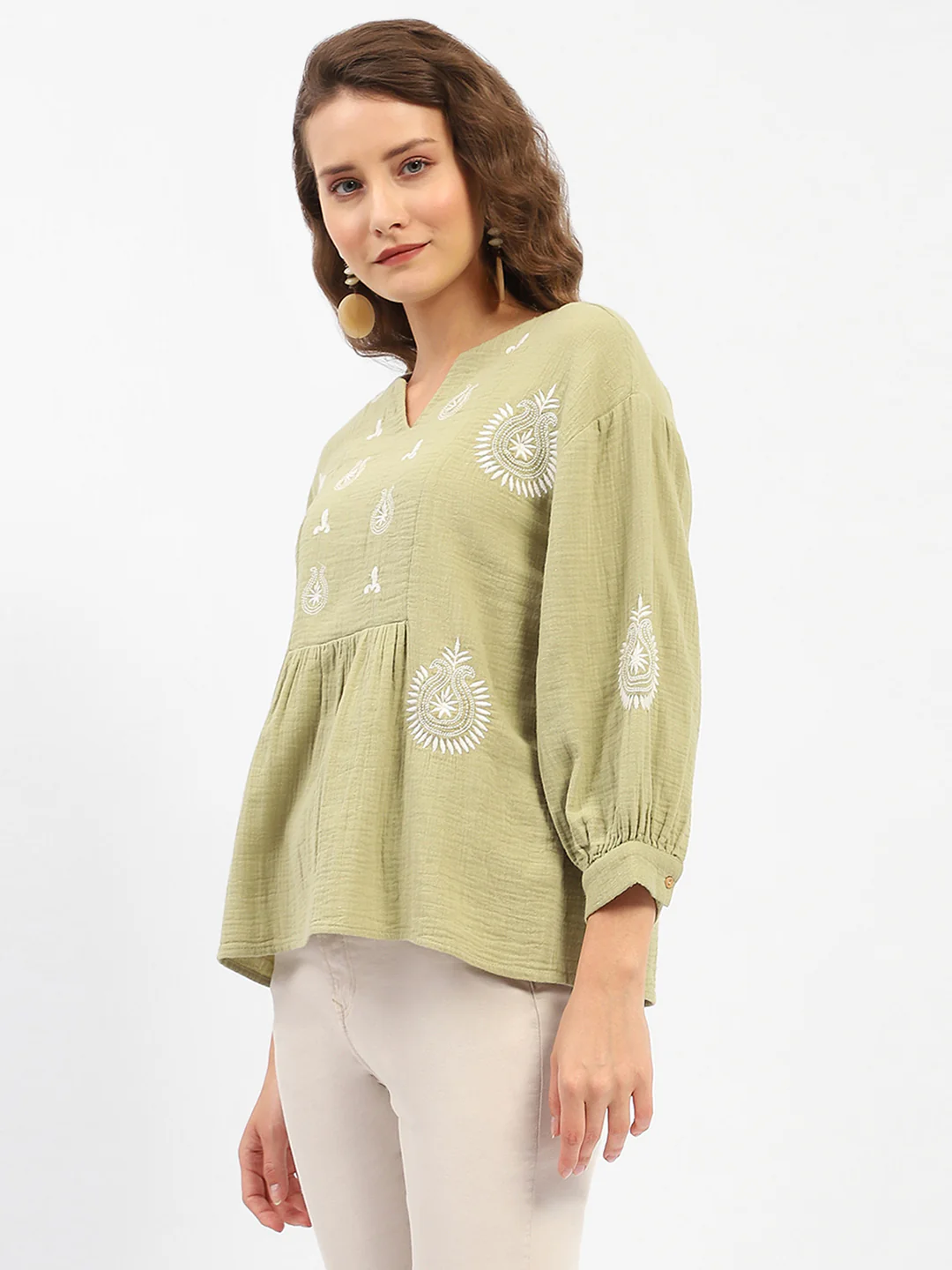 Madame Balloon Sleeve Green Chikankari Work Top - Image 4