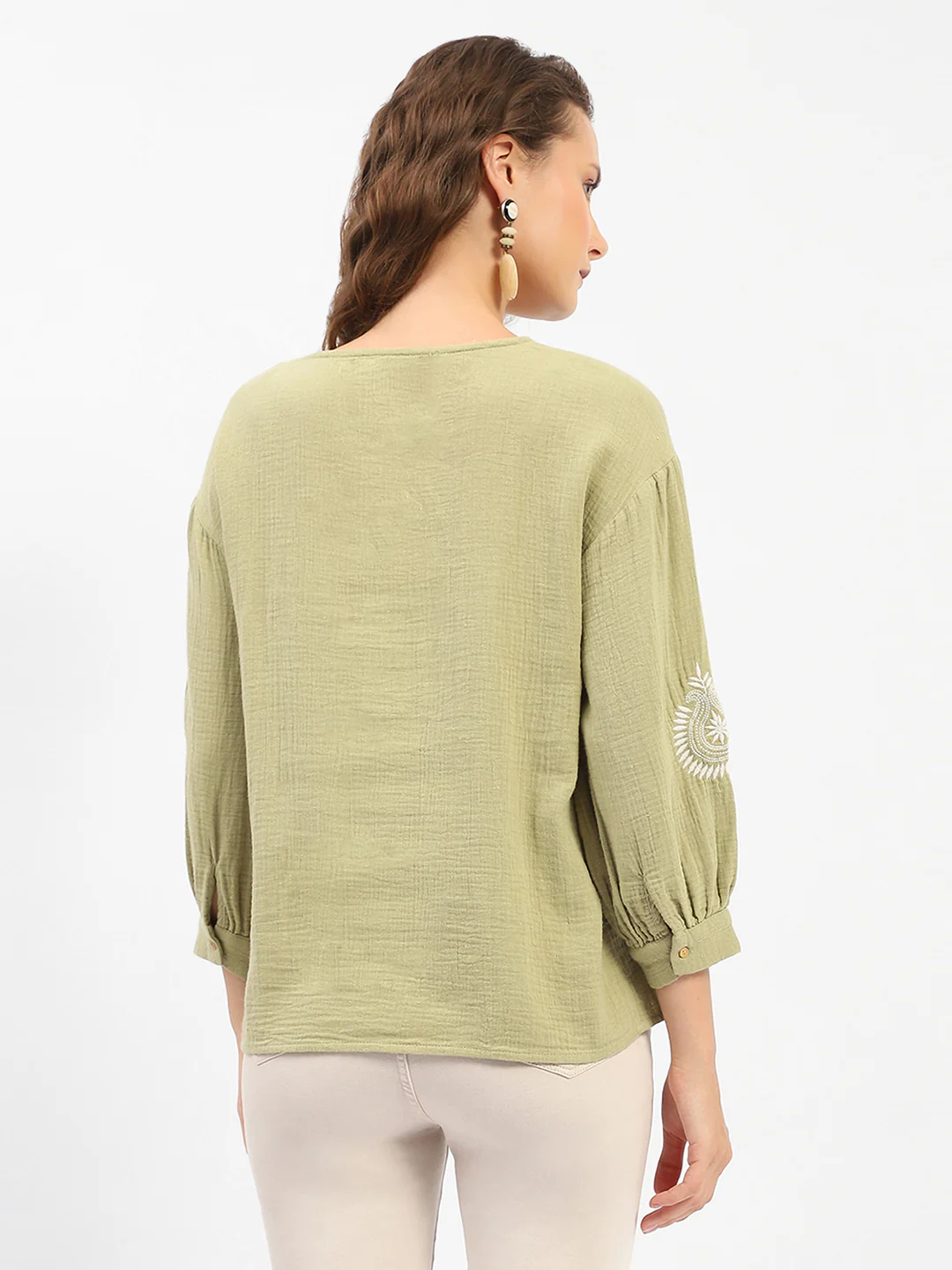 Madame Balloon Sleeve Green Chikankari Work Top - Image 5