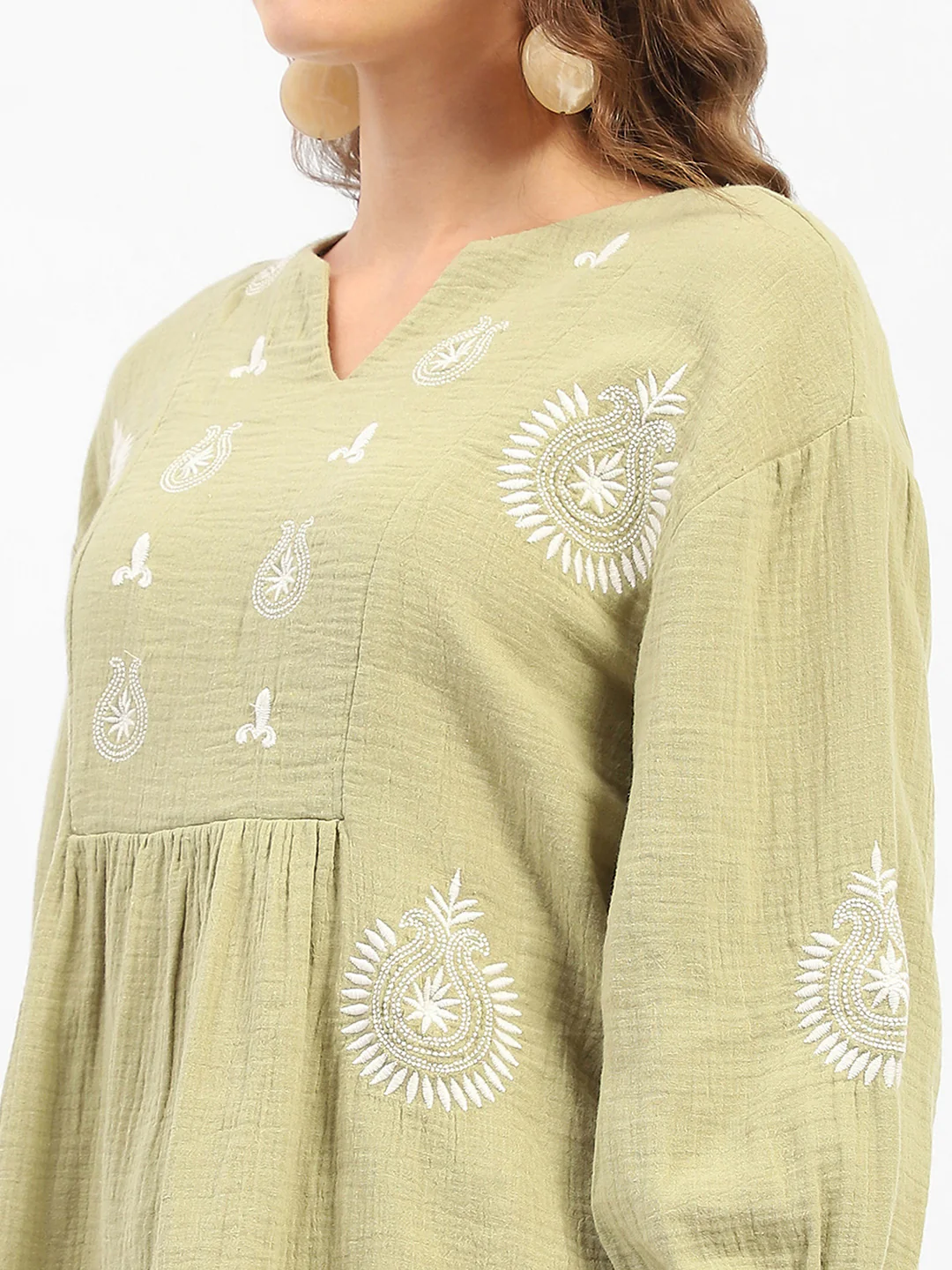 Madame Balloon Sleeve Green Chikankari Work Top - Image 6