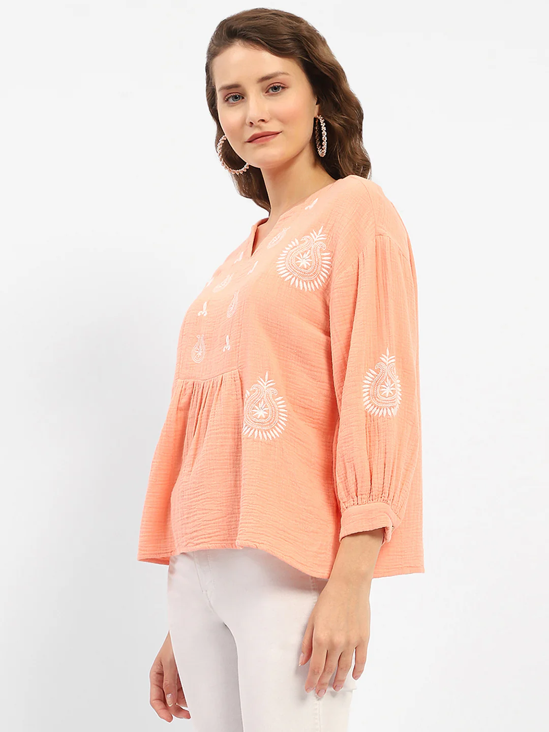 Madame Balloon Sleeve Peach Chikankari Work Top - Image 4