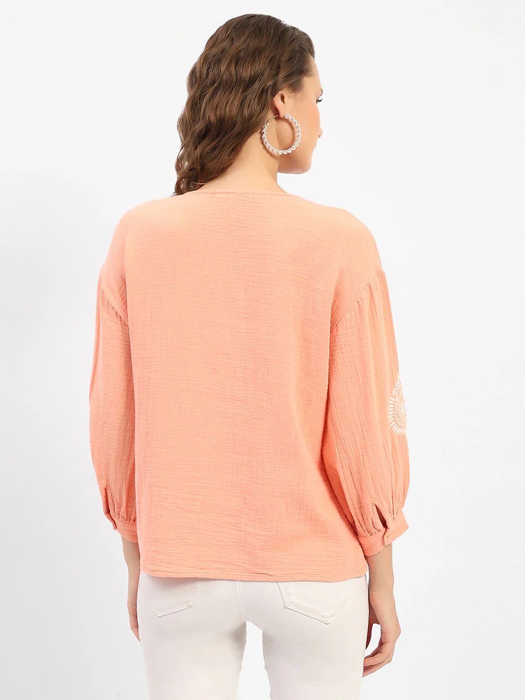 Madame Balloon Sleeve Peach Chikankari Work Top - Image 5