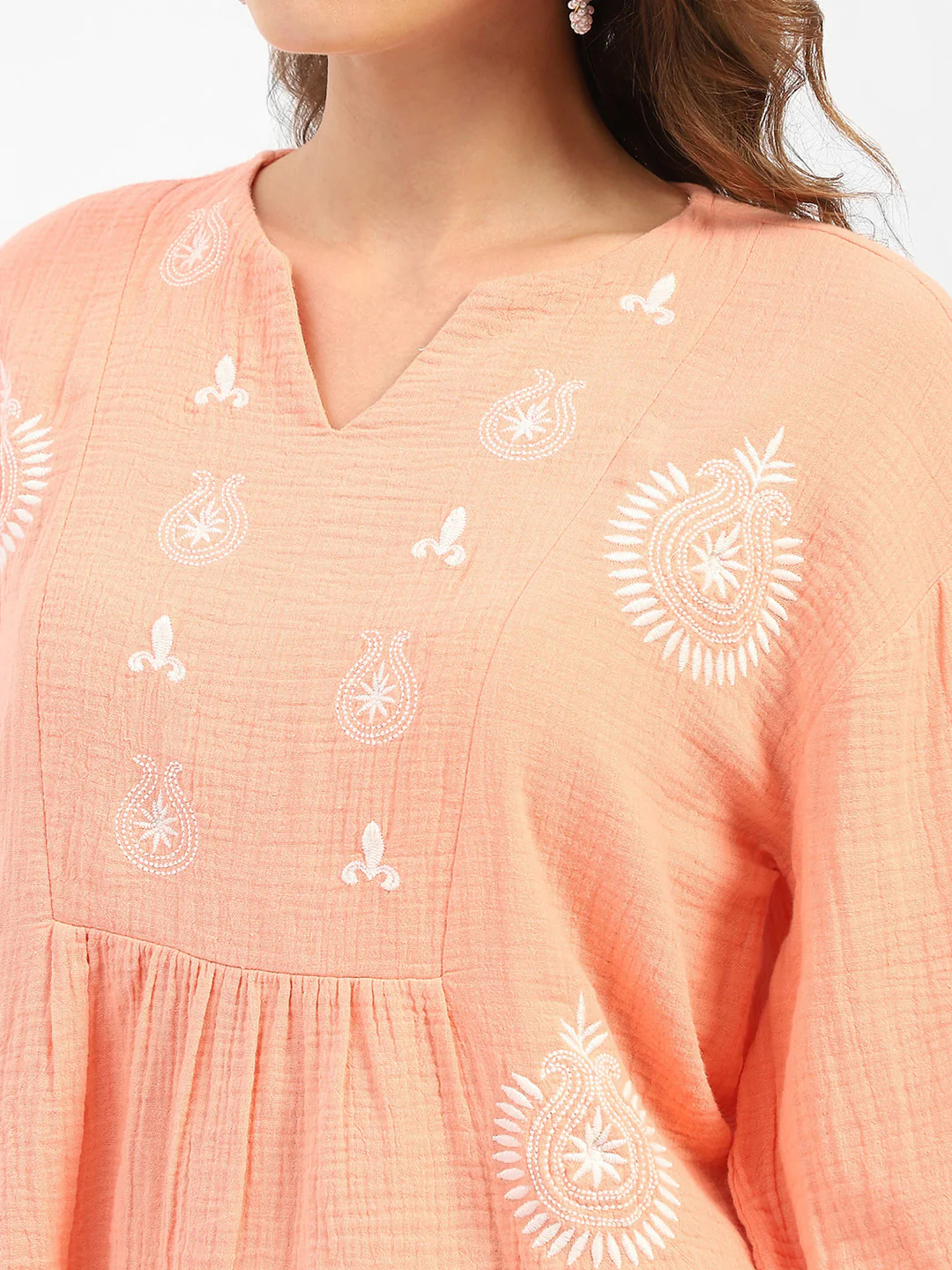 Madame Balloon Sleeve Peach Chikankari Work Top - Image 6