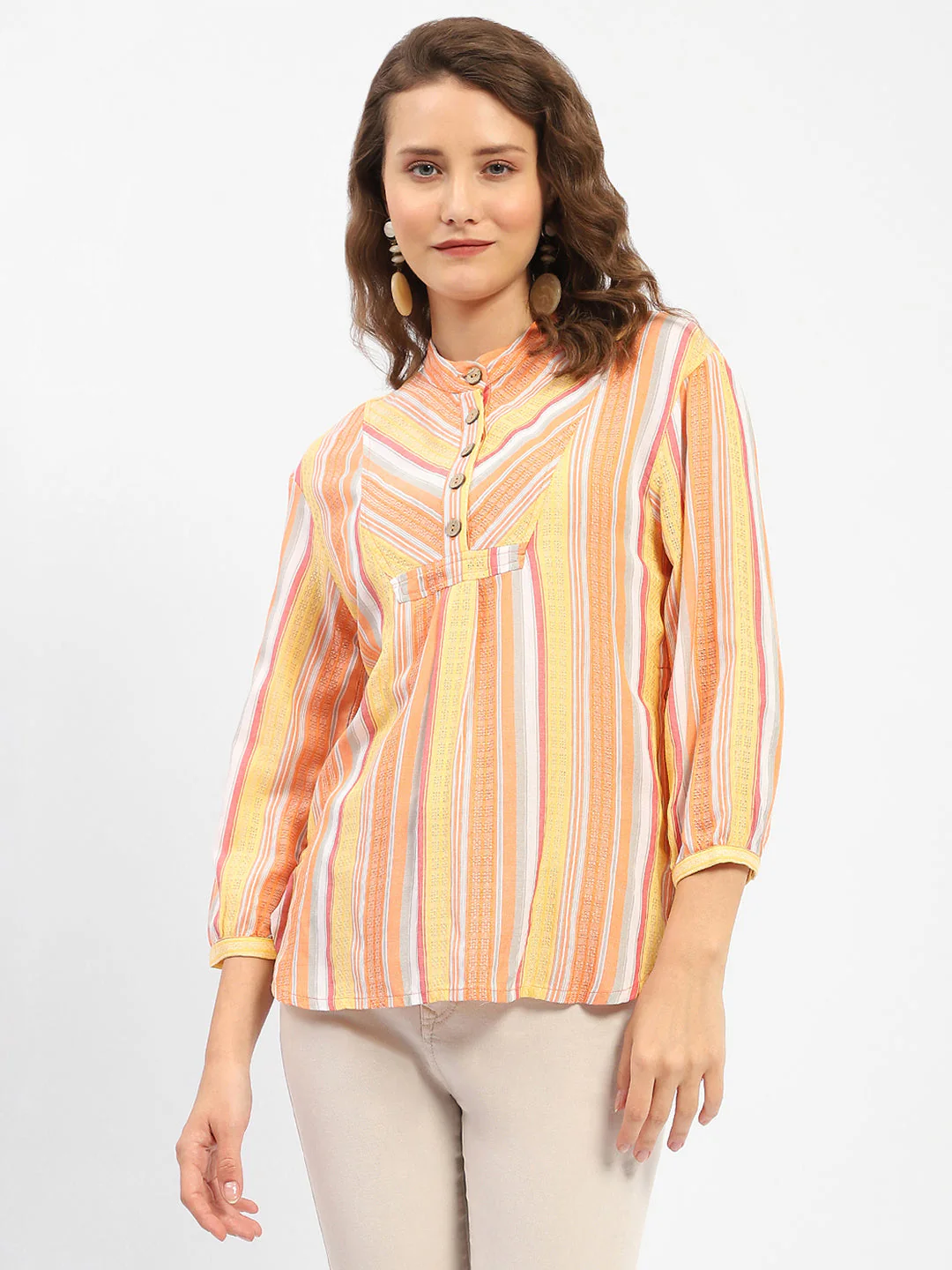 Madame Mandarin Collar Modal Cotton Striped Shirt - Image 3