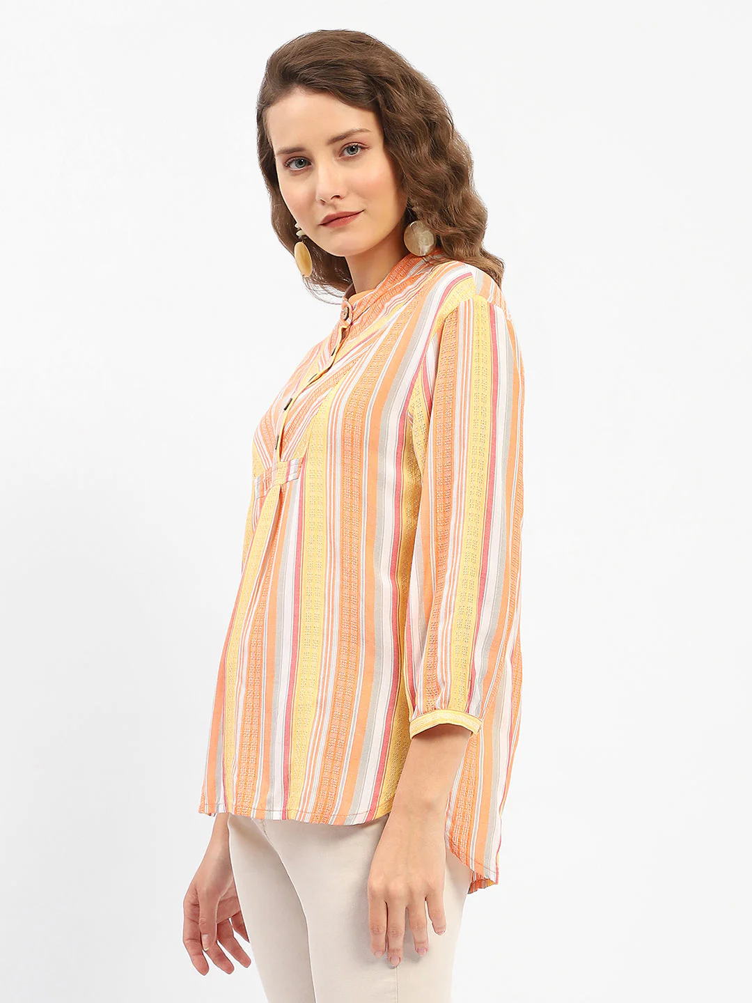 Madame Mandarin Collar Modal Cotton Striped Shirt - Image 5