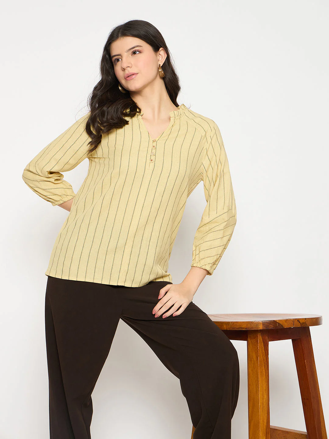 Madame Striped Split Crew Mustard Yellow Top