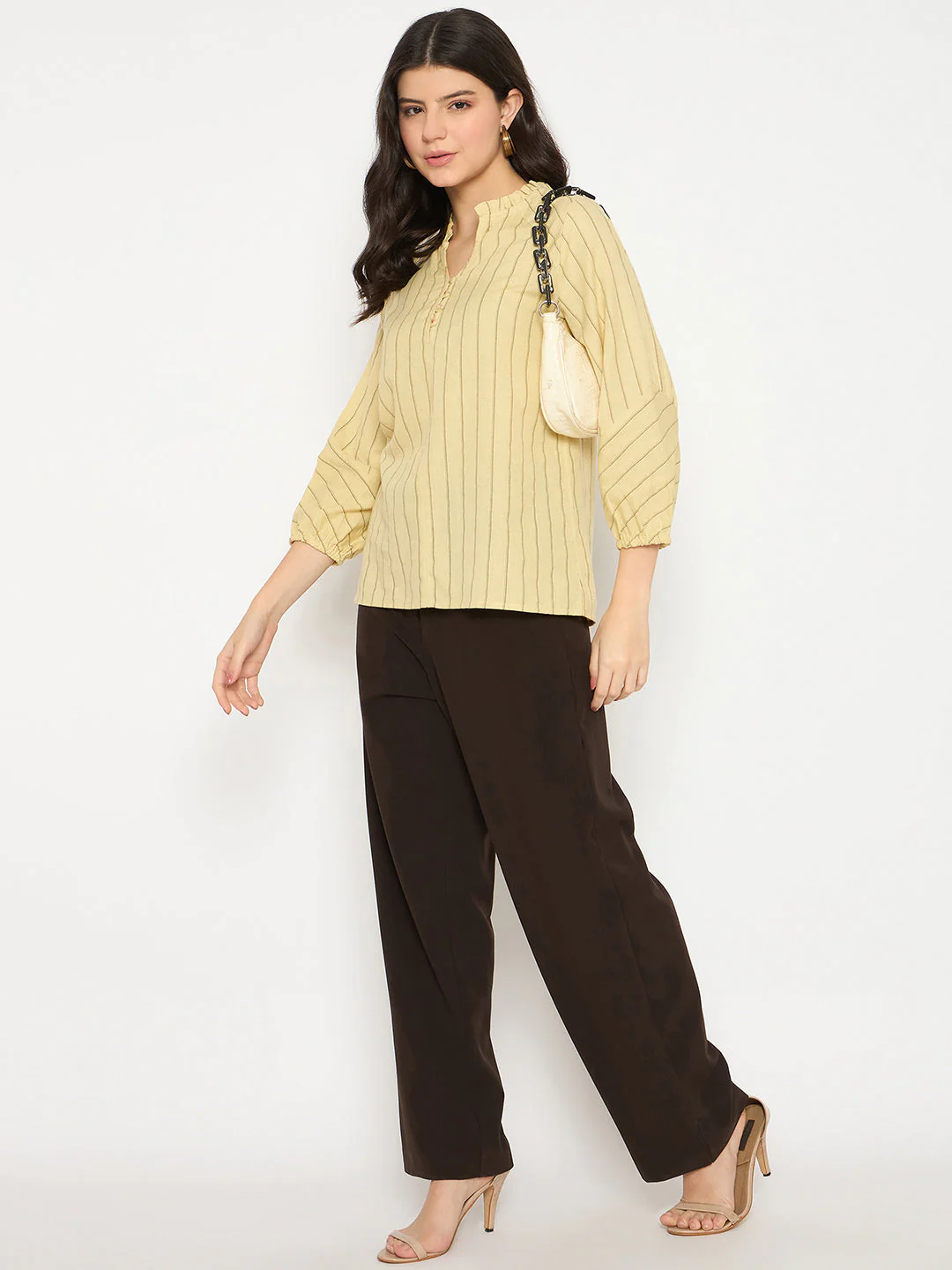 Madame Striped Split Crew Mustard Yellow Top - Image 2
