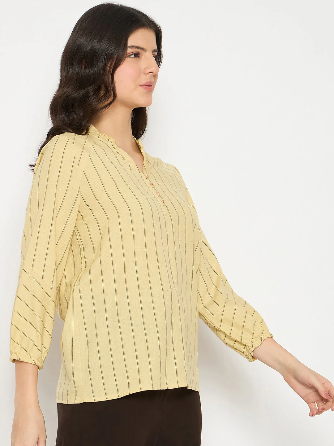 Madame Striped Split Crew Mustard Yellow Top - Image 4