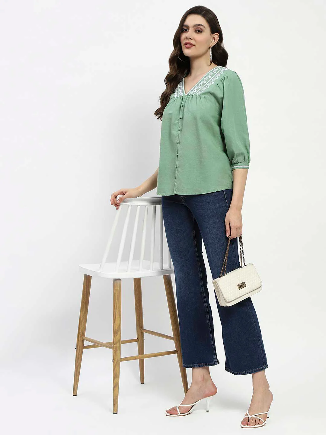 Madame Embroidered Cotton Blend Green Tunic Top - Image 2