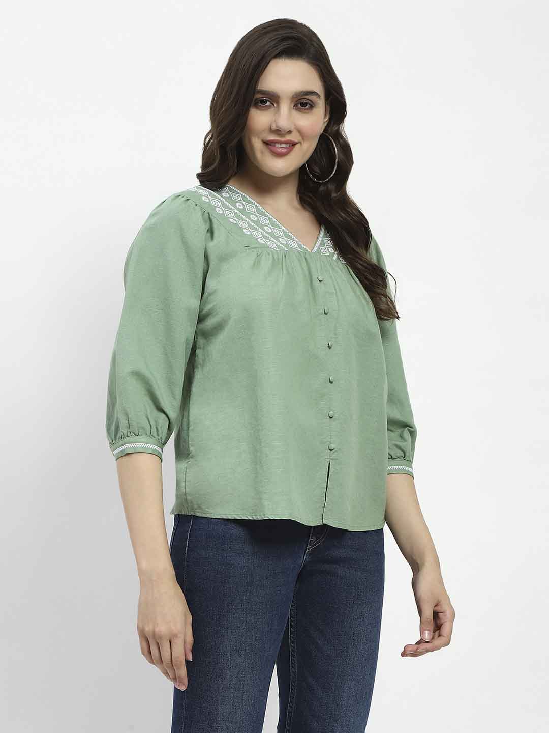 Madame Embroidered Cotton Blend Green Tunic Top - Image 3
