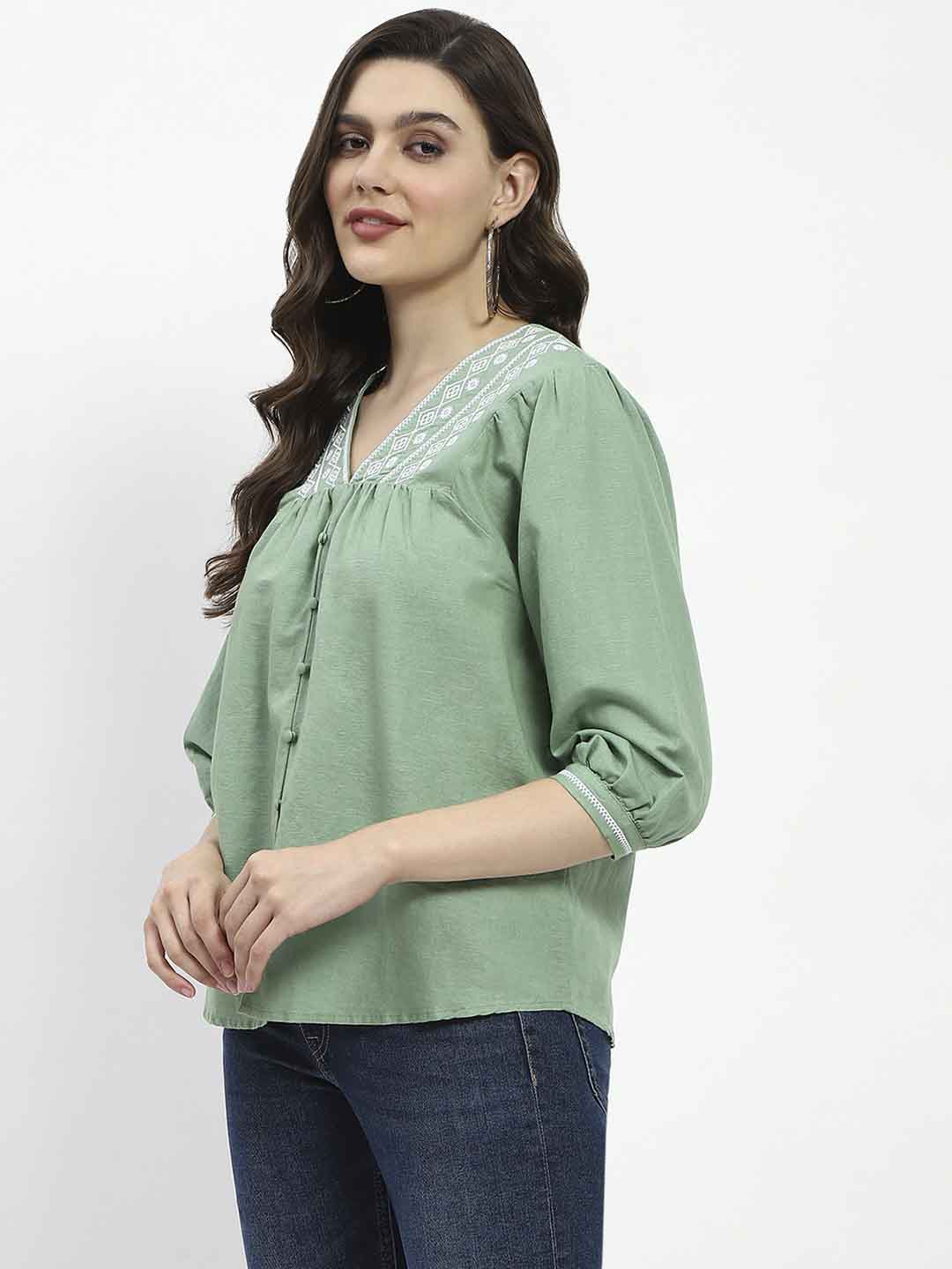 Madame Embroidered Cotton Blend Green Tunic Top - Image 4