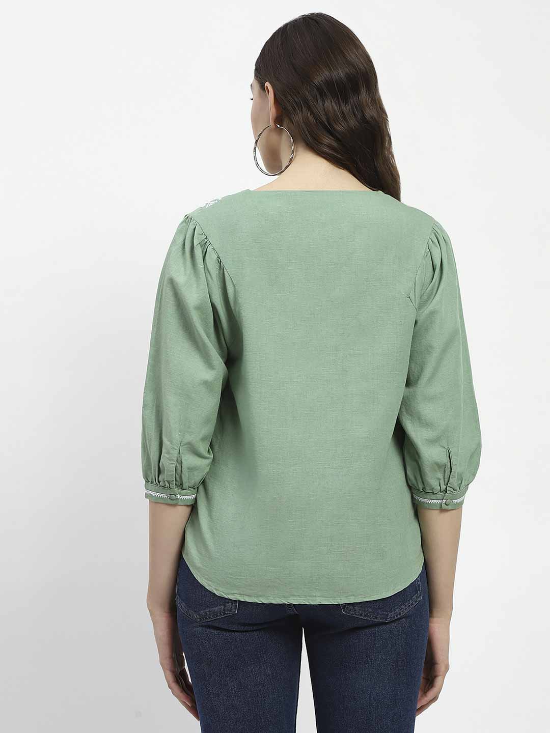 Madame Embroidered Cotton Blend Green Tunic Top - Image 5