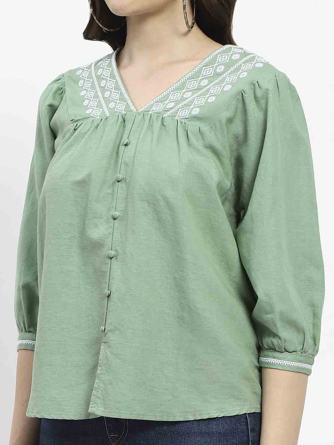 Madame Embroidered Cotton Blend Green Tunic Top - Image 6