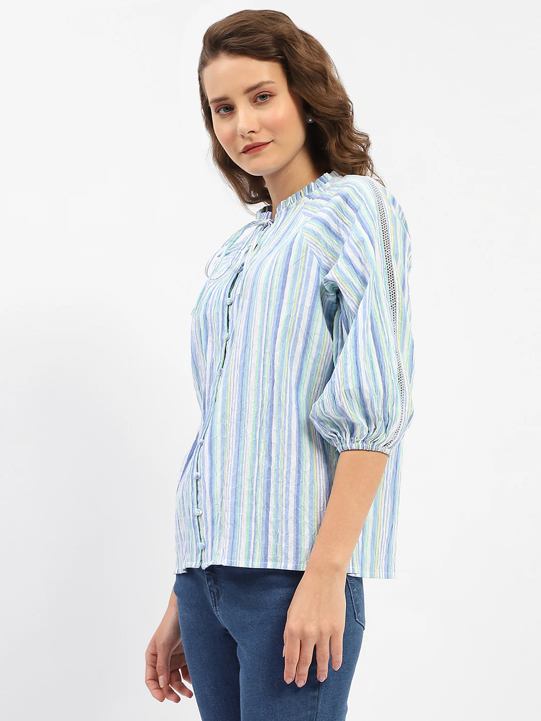 Madame Striped Sky Blue Raglan Sleeve Shirt - Image 4