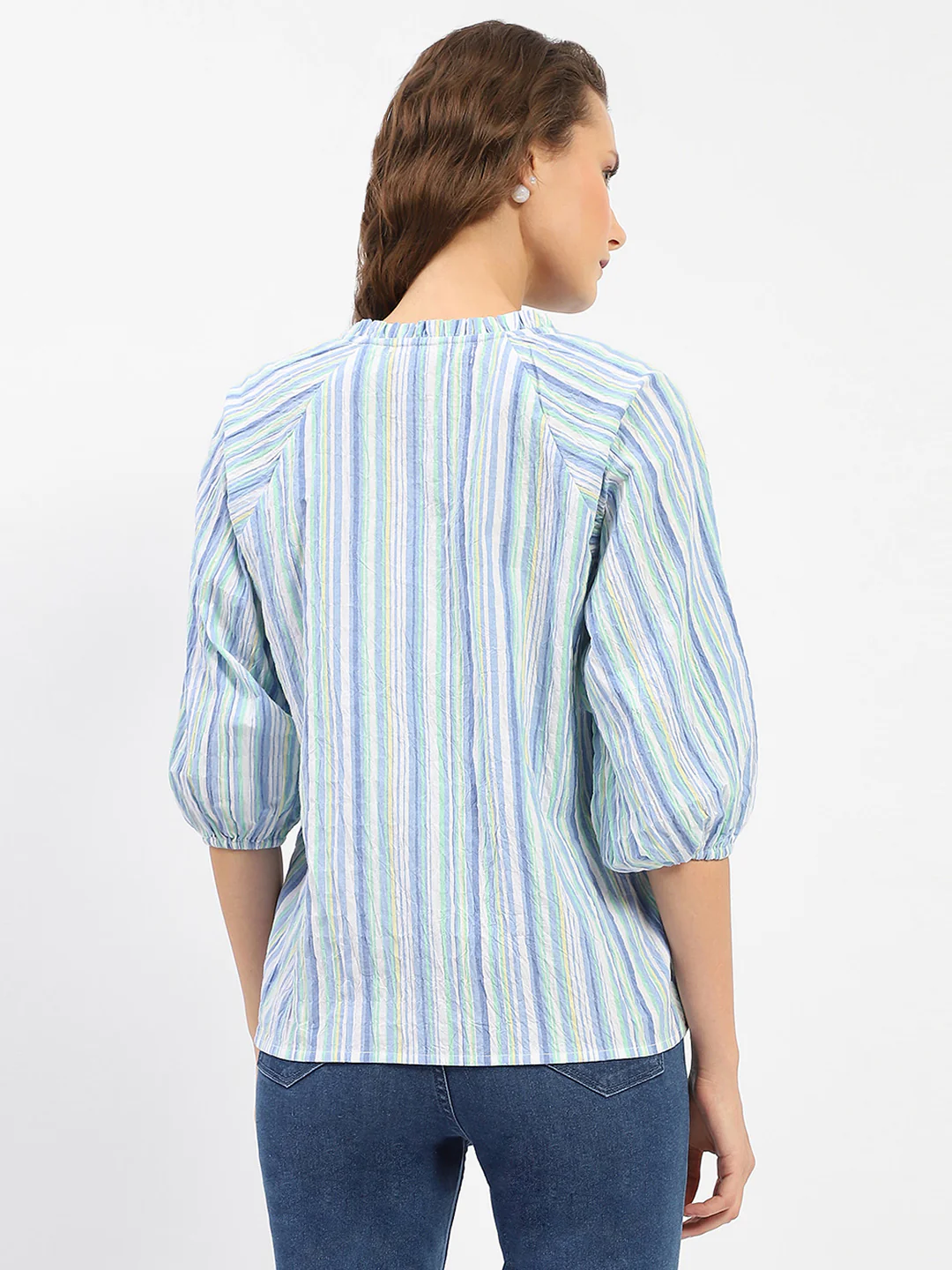 Madame Striped Sky Blue Raglan Sleeve Shirt - Image 5