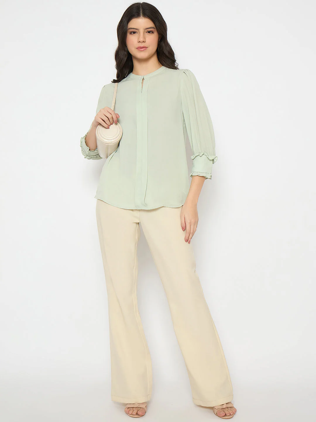 Madame Keyhole Neck Puff Sleeve Mint Green Top - Image 2