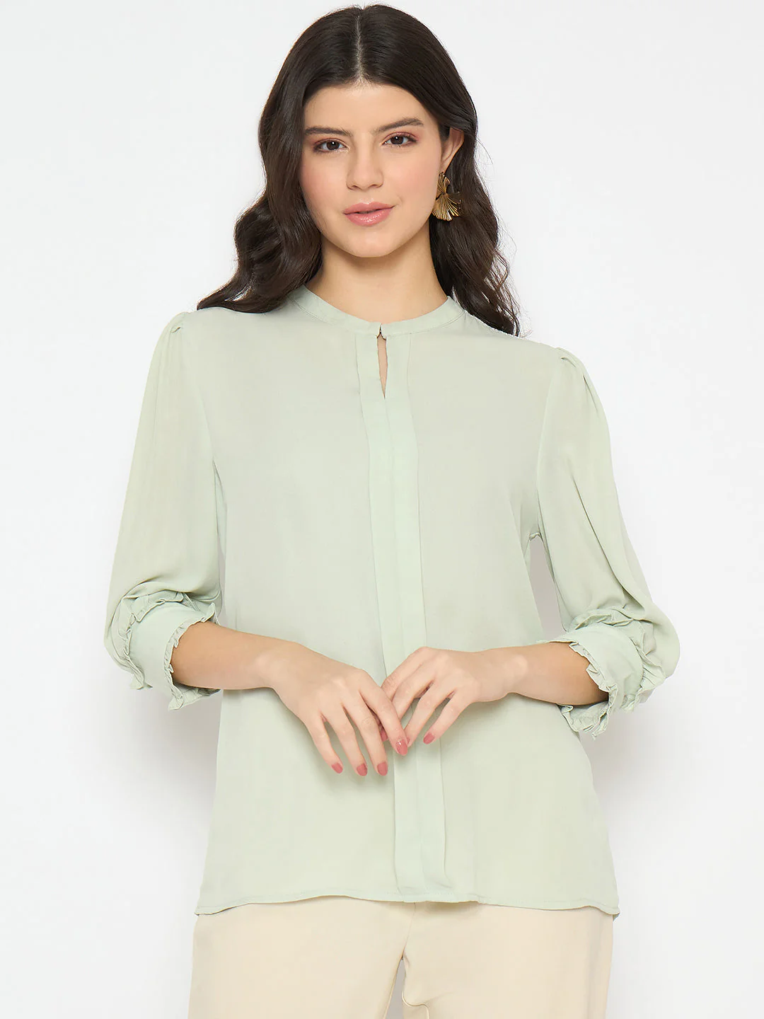 Madame Keyhole Neck Puff Sleeve Mint Green Top - Image 3