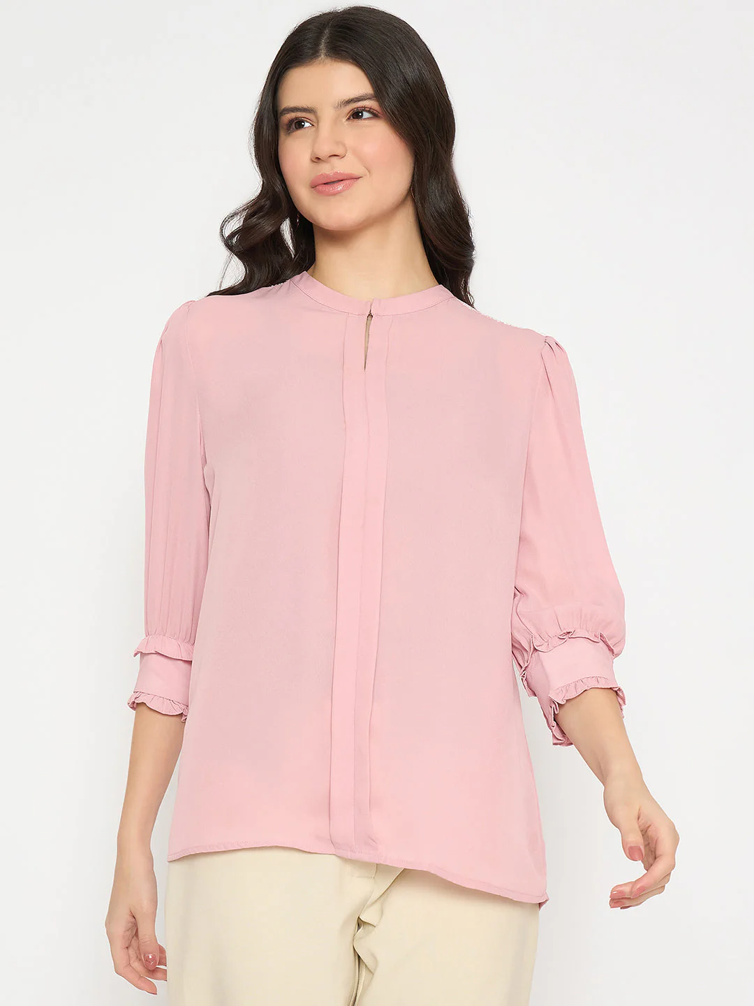 Madame Keyhole Neck Puff Sleeve Pink Top - Image 3