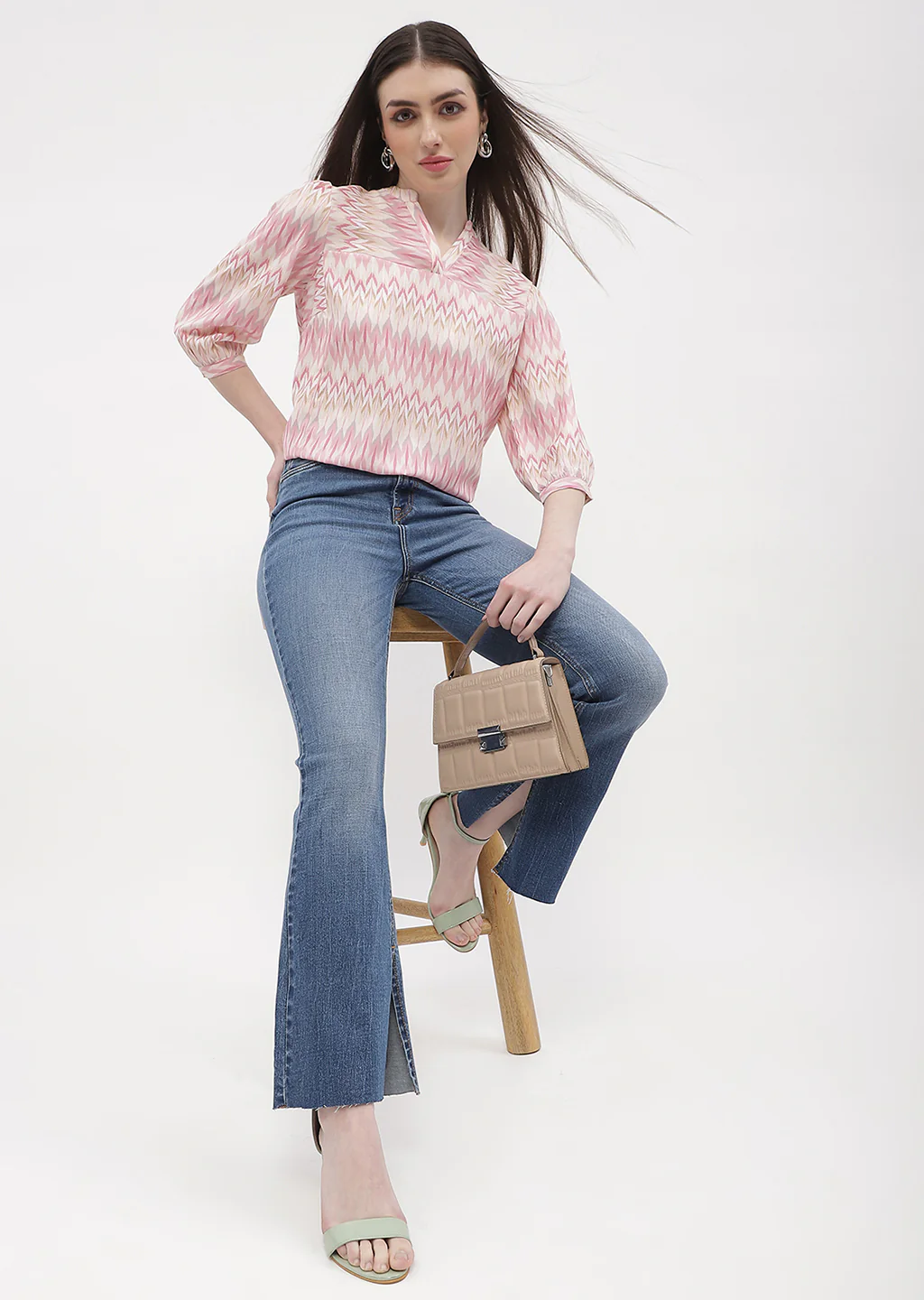 Madame Mandarin Collar Peach Abstract Print Top - Image 2