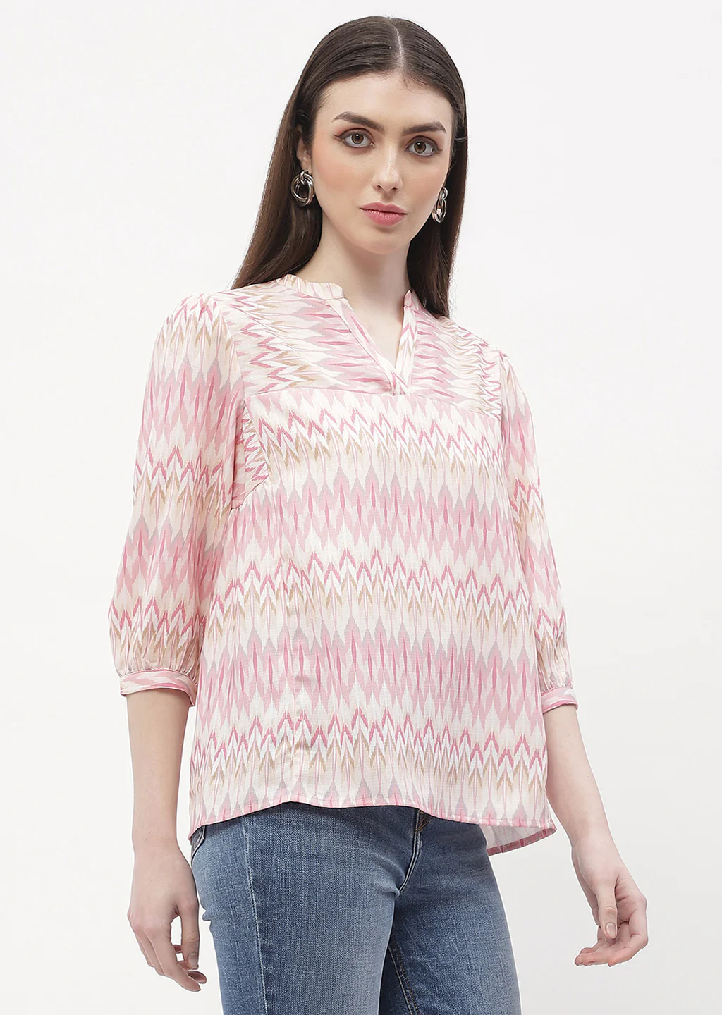 Madame Mandarin Collar Peach Abstract Print Top - Image 3