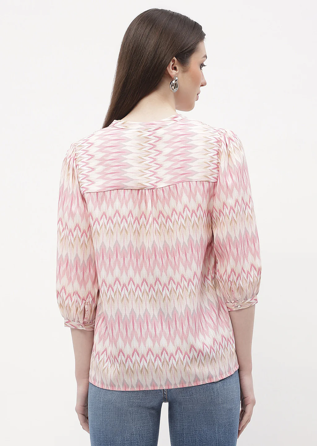 Madame Mandarin Collar Peach Abstract Print Top - Image 5
