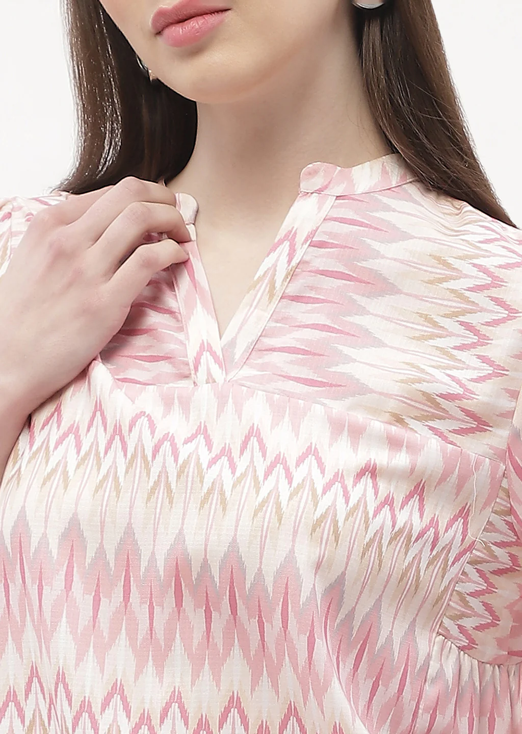 Madame Mandarin Collar Peach Abstract Print Top - Image 6