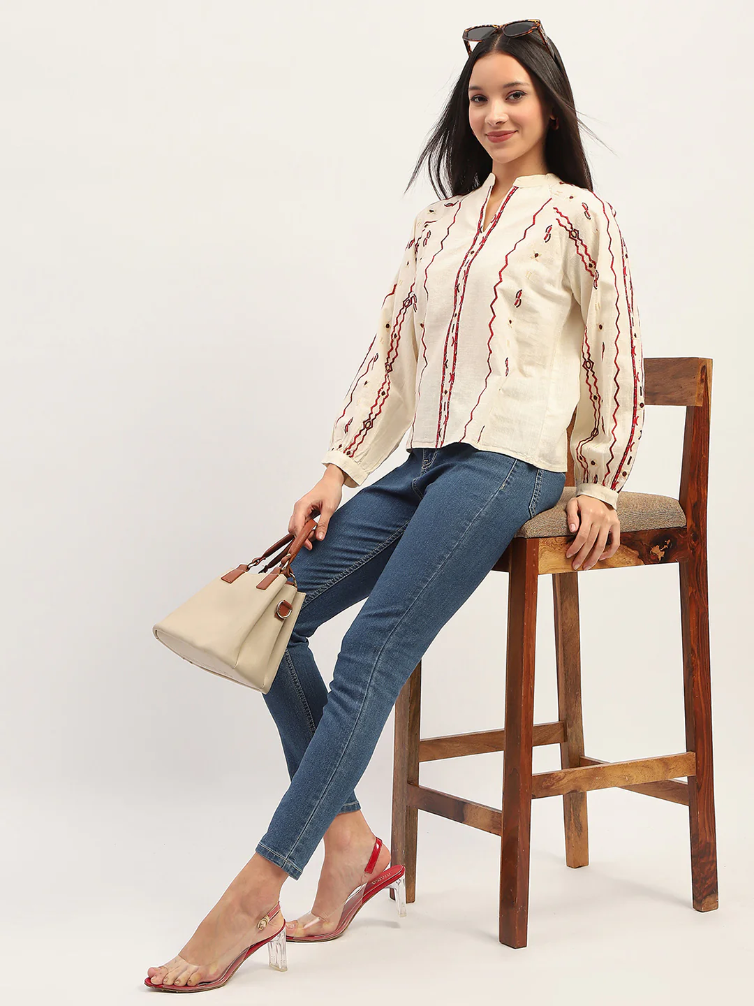 Madame Embroidery Printed Cotton Beige Top - Image 2