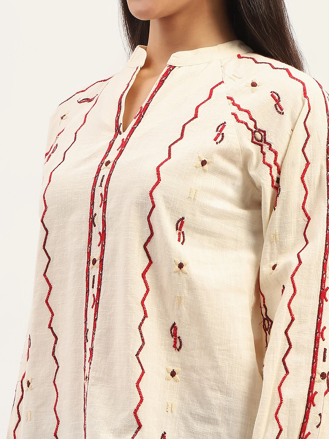 Madame Embroidery Printed Cotton Beige Top - Image 7