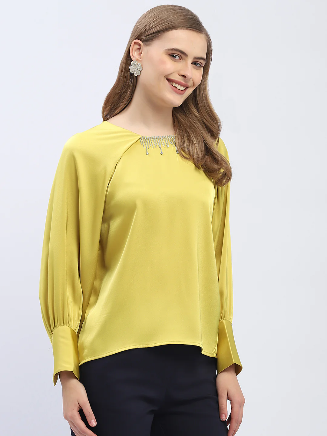 Madame Rhinestone Embellished Lime Green Raglan Style Sleeve Top - Image 3