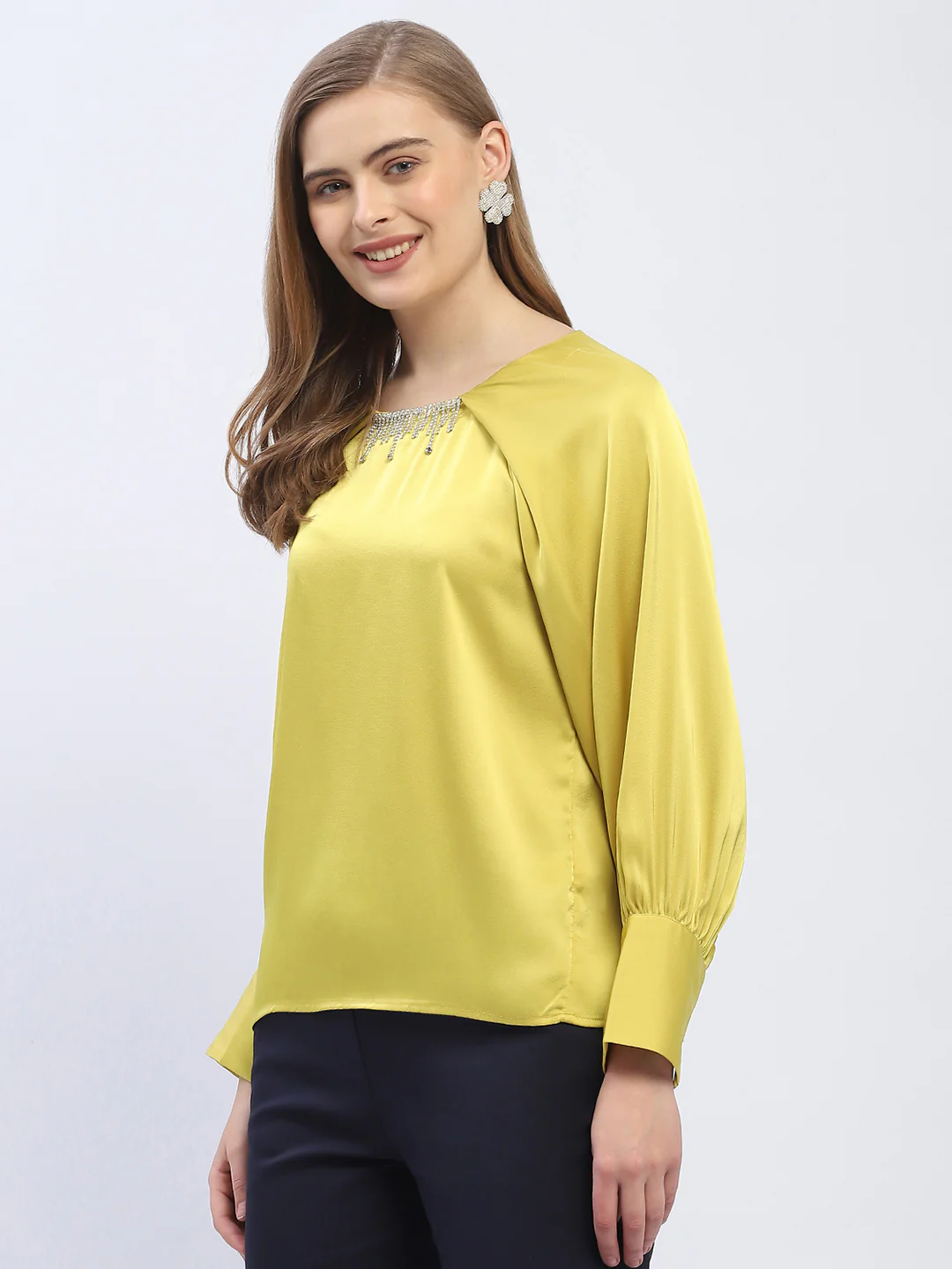 Madame Rhinestone Embellished Lime Green Raglan Style Sleeve Top - Image 4