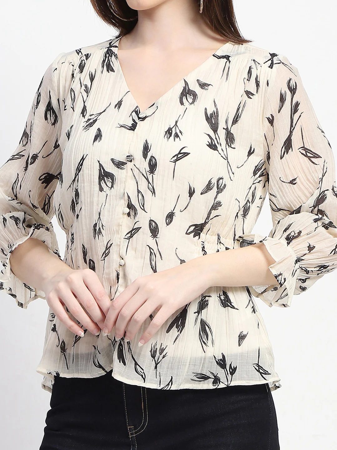 Madame Abstract Print V- Neck Black Top - Image 6