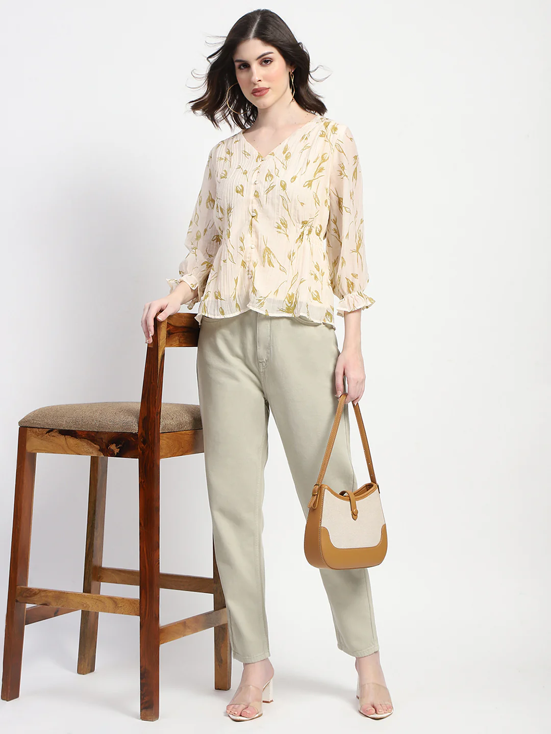 Madame Abstract Print V- Neck Olive Rayon Top - Image 2