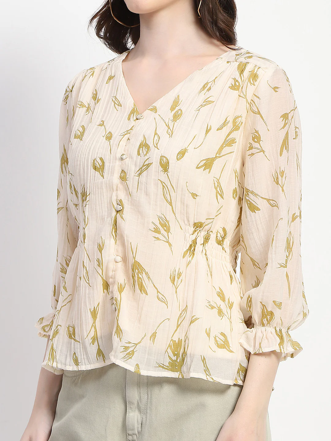 Madame Abstract Print V- Neck Olive Rayon Top - Image 6