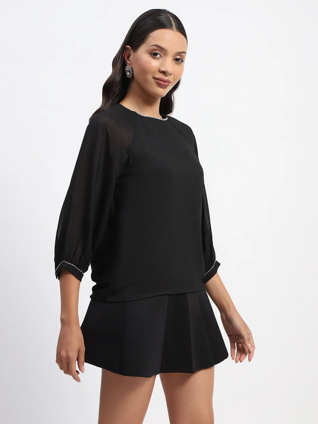 Madame Embellished Puffed Sleeve Black Top - Image 4