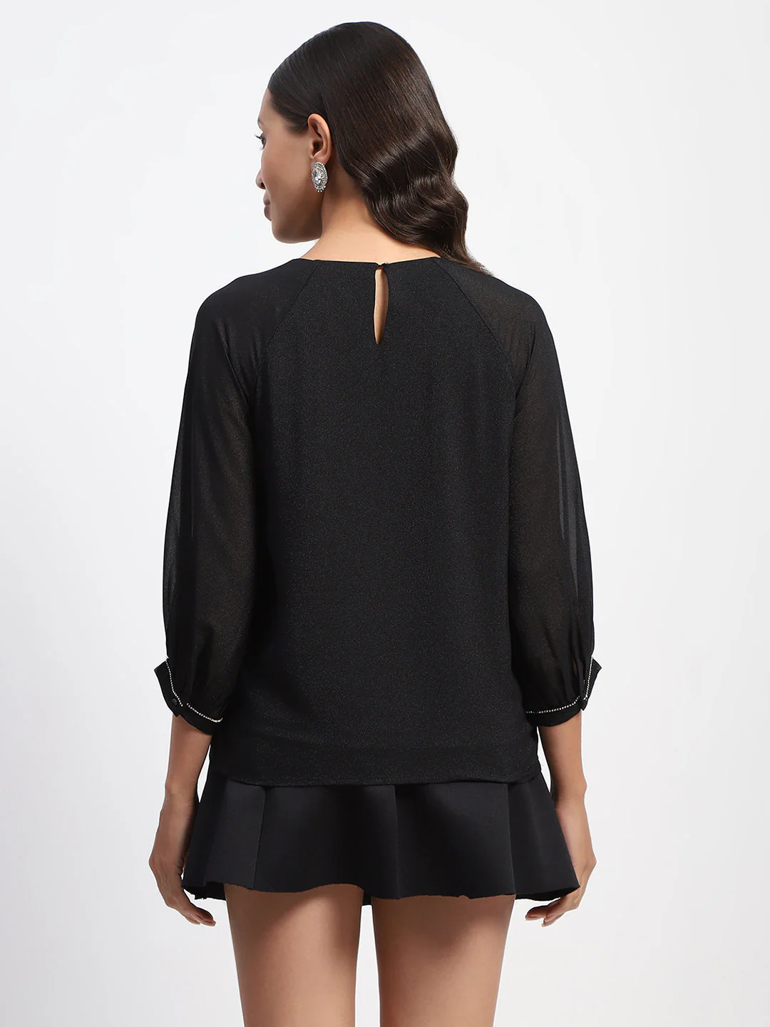 Madame Embellished Puffed Sleeve Black Top - Image 6