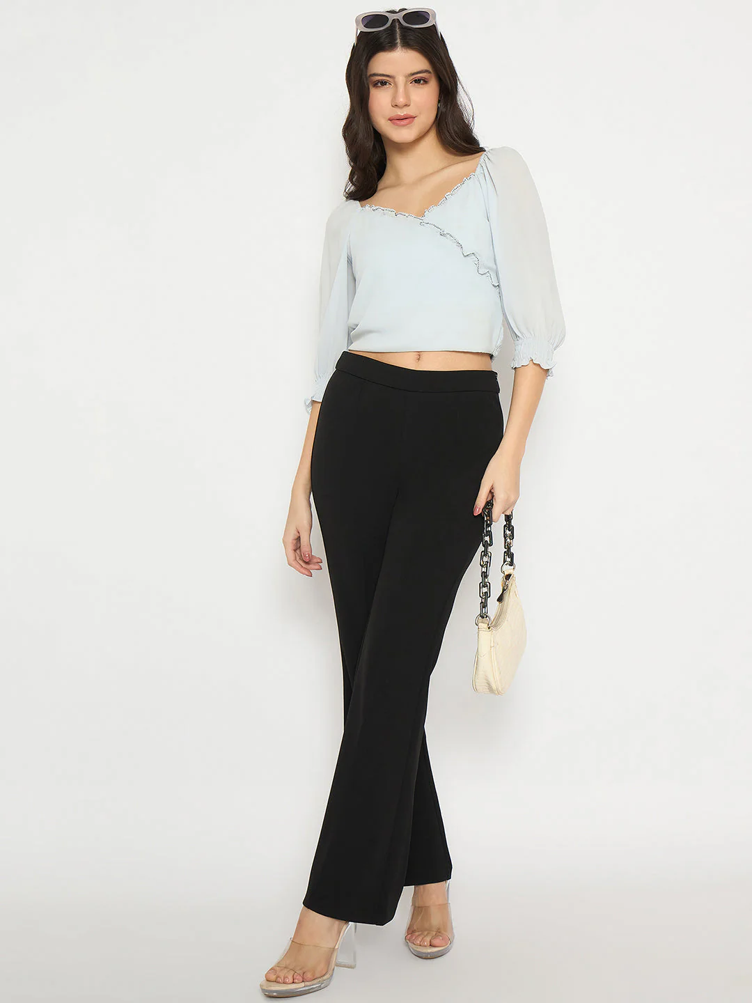 Madame Surplice Neck Blue Wrap Crop Top - Image 2
