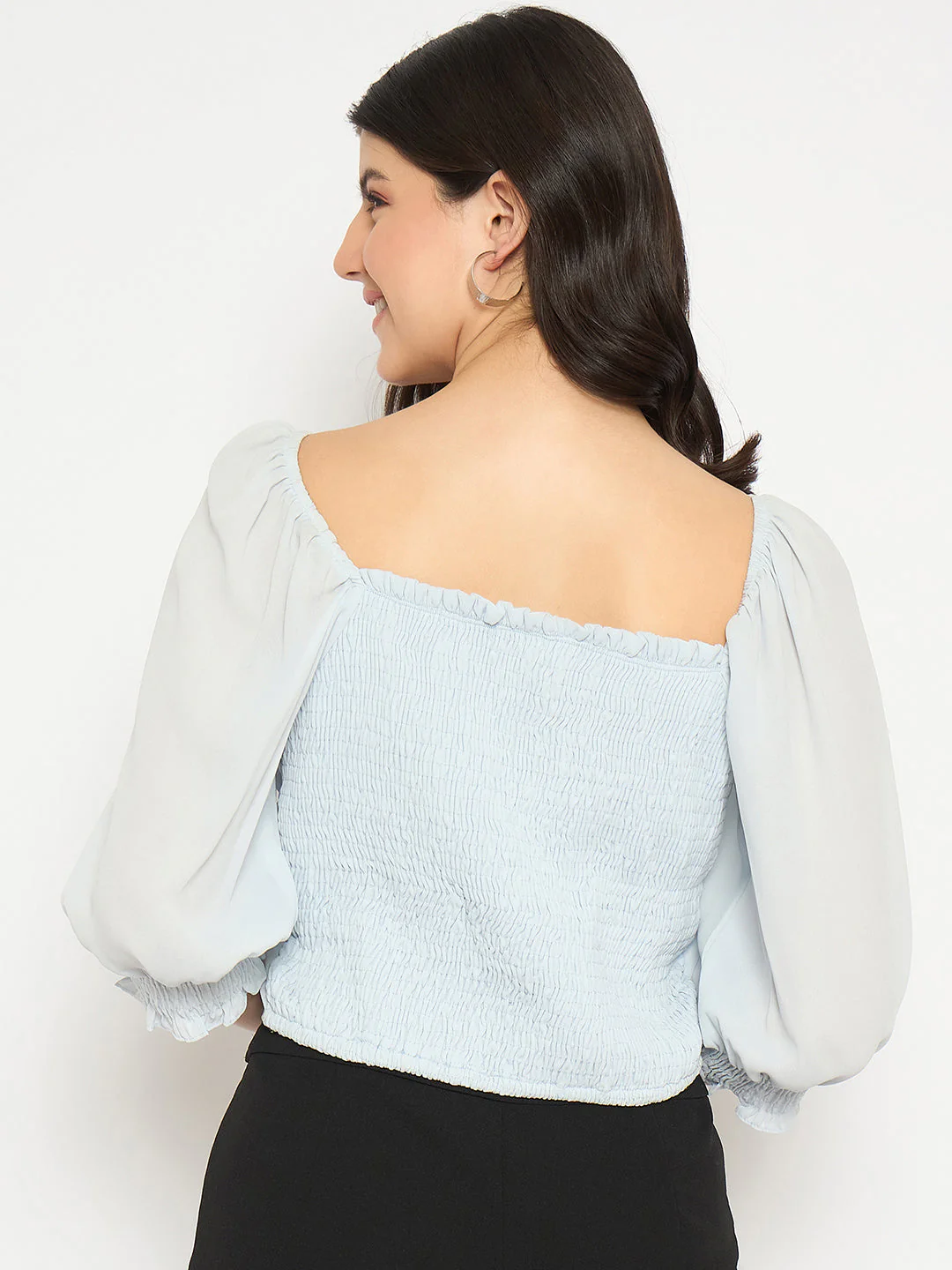 Madame Surplice Neck Blue Wrap Crop Top - Image 6
