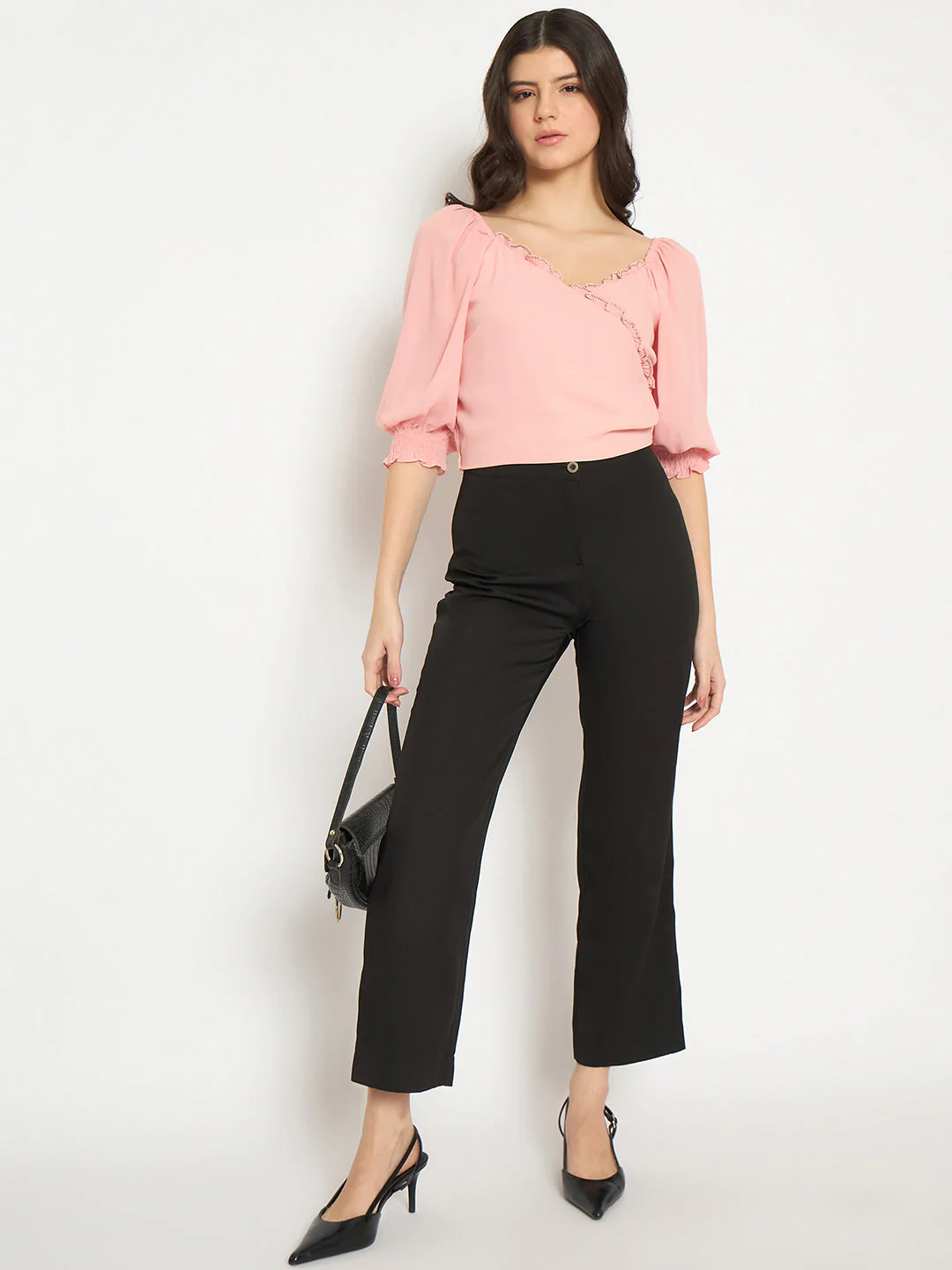 Madame Surplice Neck Peach Wrap Crop Top - Image 2
