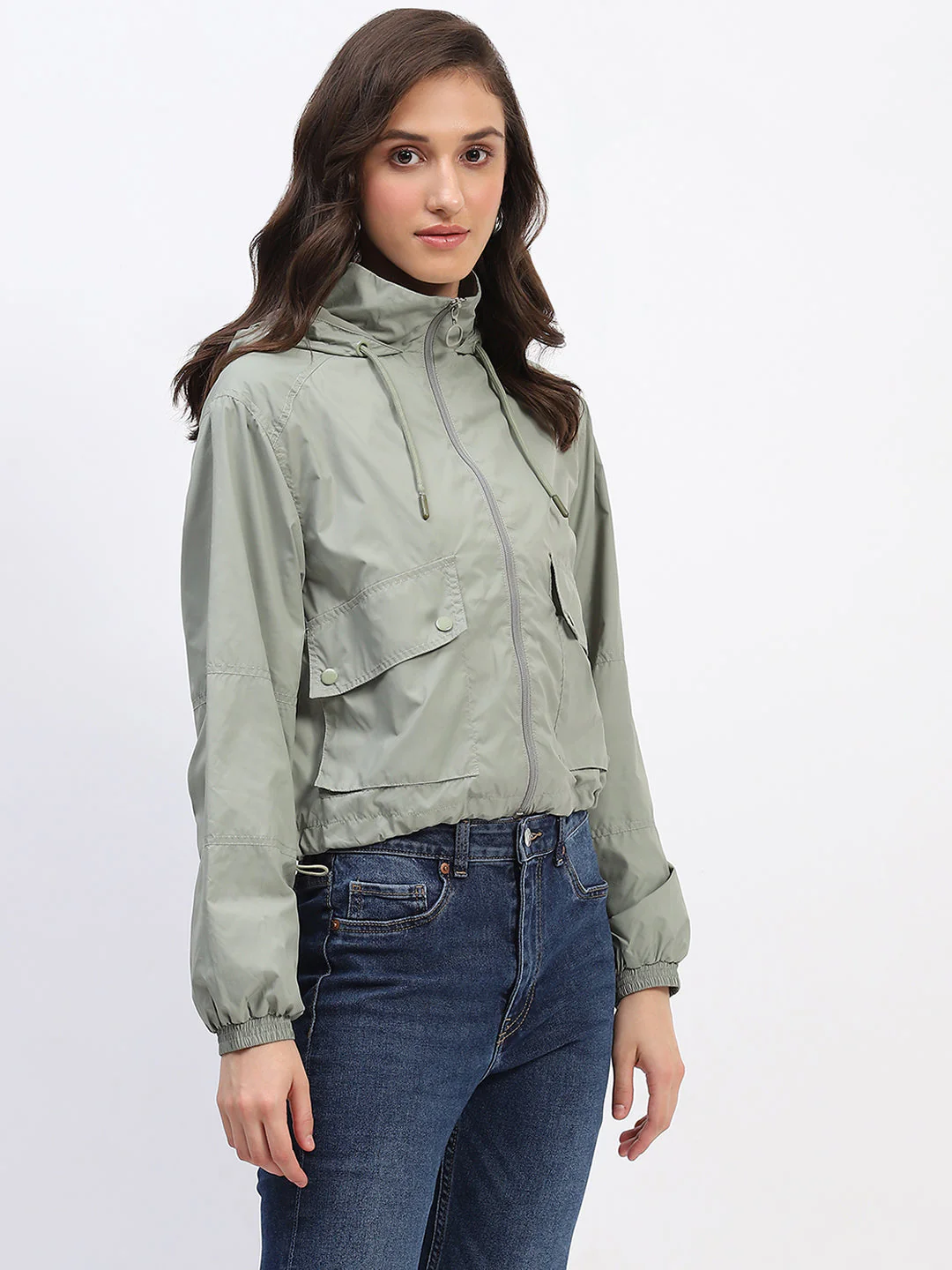 Madame Olive Green Cropped Windbreaker Jacket - Image 4
